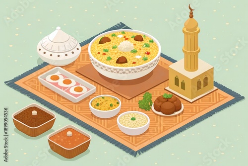 3D isometric view of a table spread with traditional Eid foods like Biryani and Sheer Khurma, stylized 3D food art, appetizing colors.