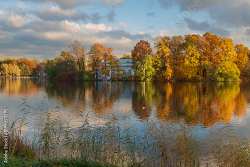 The Hall on the Island pavilion located on an island in the Great Pond in the Catherine Park of Tsarskoye Selo on a sunny autumn day, Pushkin, St. Petersburg, Russia