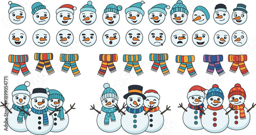 Large set of cute snowman vector illustrations with expressive faces, winter hats and colorful scarves for Christmas holiday designs
