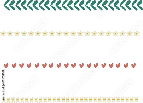 Decorative Floral Border Vector with Daisy Flowers, Hearts, Leaves and Butterflies - Vector Illustration 