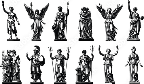 Vector, black, silhouette, illustration, set, of, various, ancient, Greek, and, Roman, god, statues, for, mythology, history, classical, art, sculpture, and, antique, museum, design