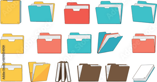 Large set of colorful file folder vector icons in flat style for document management and office UI design
