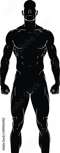 Vector, black, silhouette, illustration, of, a, muscular, male, body, builder, in, a, standing, pose, for, fitness, gym, anatomy, health, bodybuilding, and, athletic, training, design