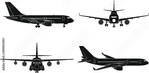 Vector, black, silhouette, illustration, set, of, various, commercial, airplanes, from, different, angles, for, aviation, travel, transport, tourism, and, airline, industry, design, symbols