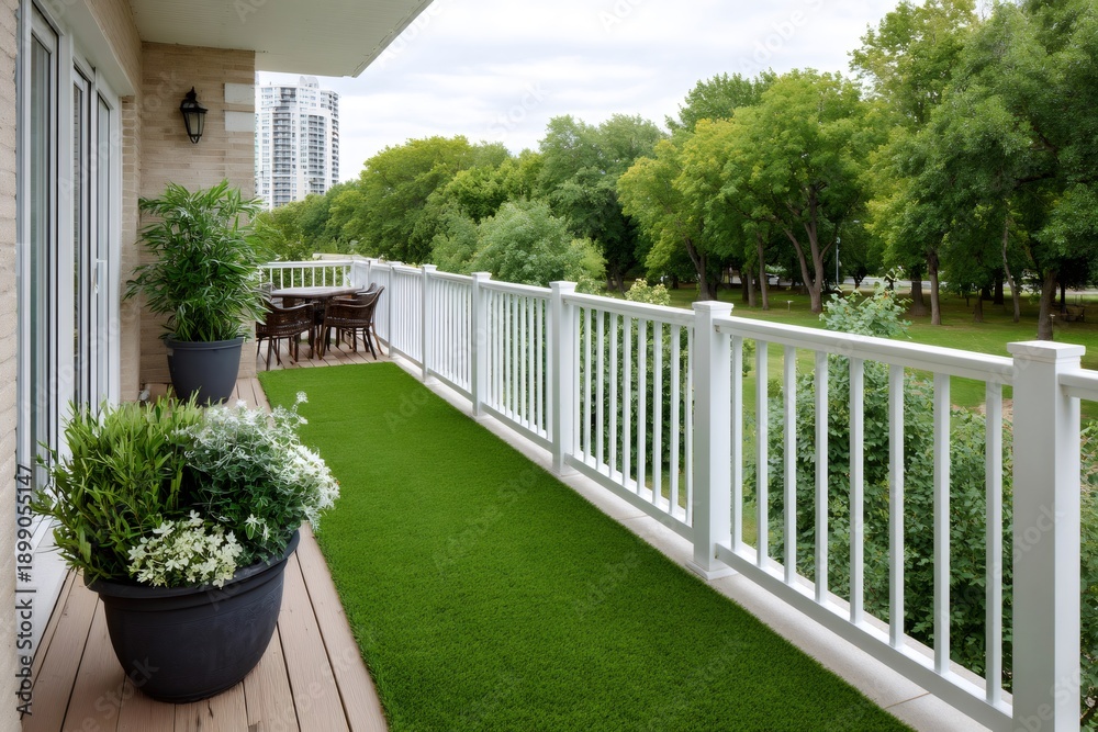 Fototapeta premium Balcony with artificial turf and outdoor dining area