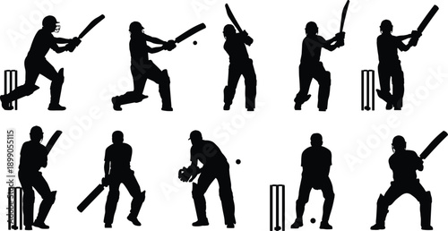 Vector, black, silhouette, illustration, set, of, various, cricket, players, in, action, with, bats, and, wickets, for, sports, fitness, competition, and, athletic, tournament, game, design