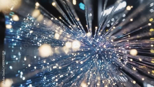 Close-up of glowing fiber optics with bokeh effects and blurry background of architecture at night