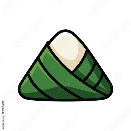 A cartoon illustration of a triangular shaped food wrapped in green leaves.