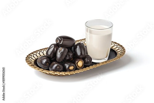 A plate of fresh 3D dates and a glass of milk on a decorative tray