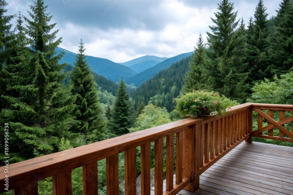 Obraz premium Wooden balcony overlooking a lush green mountain valley