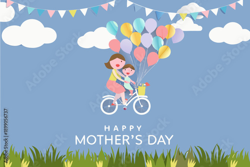 A mother and child fly through the sky on a bicycle with balloons