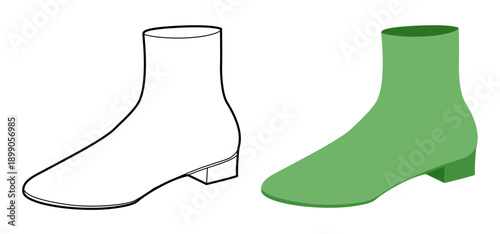 Green sock boot women color plus line set. Slim ankle knit boot for lookbook page and branding project. Technical fashion illustration CAD mockup mixed vector man unisex isolated stylish style.