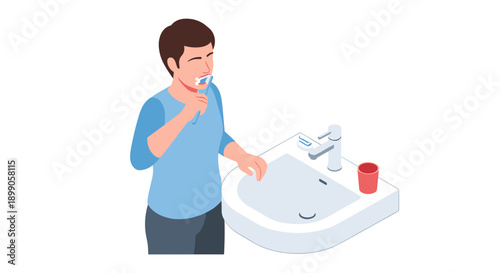 Man Brushing Teeth in Bathroom Sink.