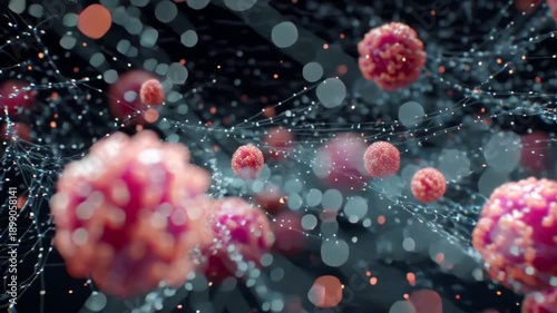 Microscopic view of cancer cells multiplying and spreading in the human body representing disease and medical research.