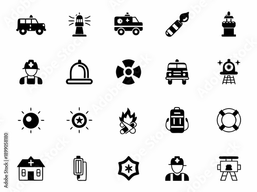Black and white icons depicting emergency services and related equipment