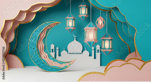 Ramadan Kareem Greeting Background with 3D Paper Cut Crescent Moon, Lanterns, and Mosque Silhouette