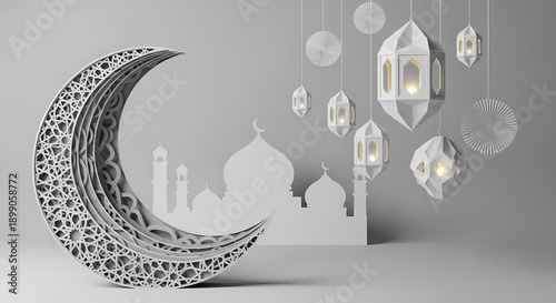 Ramadan Kareem Greeting Background with 3D Paper Cut Crescent Moon, Lanterns, and Mosque Silhouette