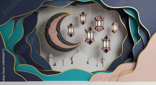Ramadan Kareem Greeting Background with 3D Paper Cut Crescent Moon, Lanterns, and Mosque Silhouette