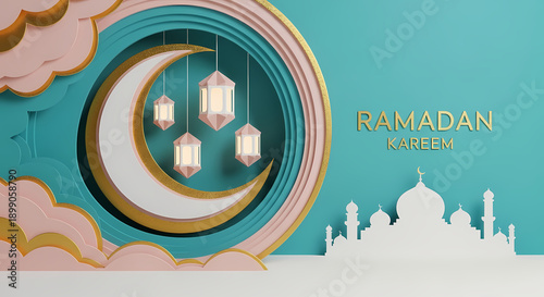 Ramadan Kareem Greeting Background with 3D Paper Cut Crescent Moon, Lanterns, and Mosque Silhouette