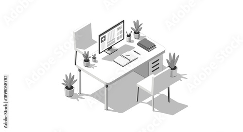 Modern Office Desk with Computer and Plants.