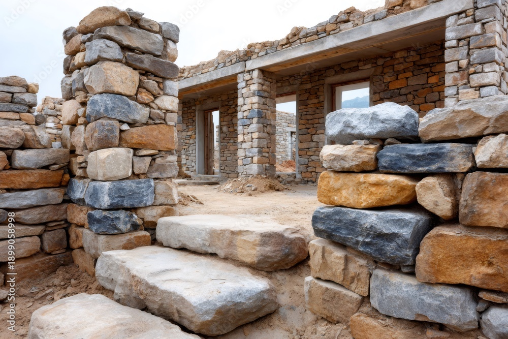 Obraz premium Stone house ruins with concrete beams under construction