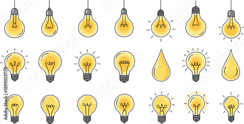 Light Bulb Icon Vector Set with Glowing Idea Lamps and Electricity Illustrations