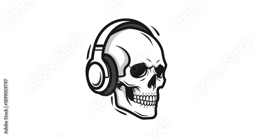 Skull Wearing Headphones Vector Illustration.