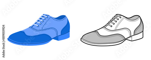 Spectator mens blue flat plus line set. Two tone oxford derby lace up classic formal suit footwear. Technical fashion illustration CAD mockup sketch vector women unisex isolated.
