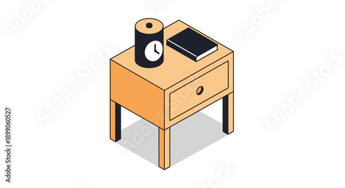 Wooden Nightstand with Alarm Clock and Tablet.