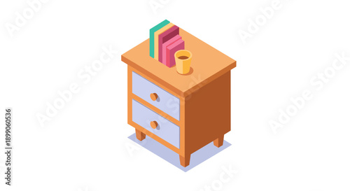 Wooden Nightstand with Books and Lamp.