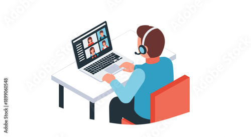 Woman Working on Laptop with Headset.