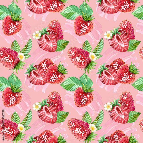 Elegant seamless pattern featuring red strawberries, green leaves, and small white flower. Juicy, ripe berries form endless pattern against background of abstract pink spots. Watercolor illustration