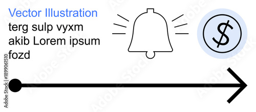 Notifications, finance, direction, data flow, progress, communication. Bell signifies alerts, dollar icon indicates finance and arrow direction. Notifications and finance concept