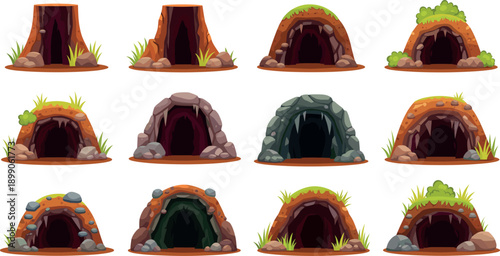 Large set of cave and burrow entrance vector illustrations for game environments, underground levels and nature scenes