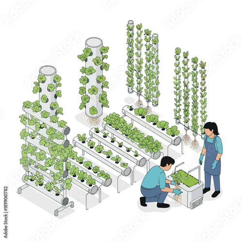 Hydroponic Farm with People Tending Plants.