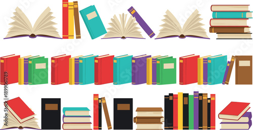 Large set of colorful book and open book vector illustrations for education, reading and library publishing concepts