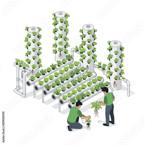 Hydroponic Farm with People Inspecting Plants.