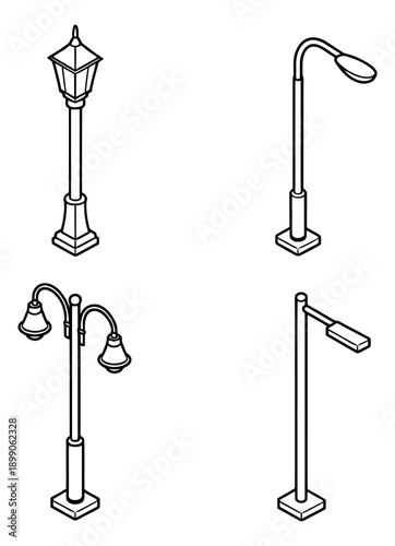 Isometric line art street lamp set featuring traditional and modern outdoor lighting fixtures for city design and infrastructure