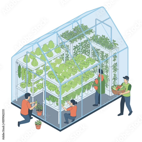 Greenhouse with People Tending to Plants.