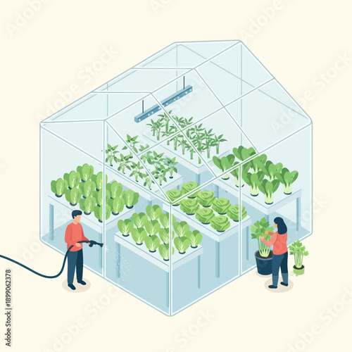 Greenhouse with People Tending to Plants.