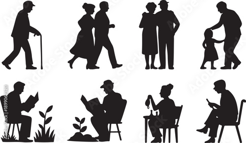 Diverse Elderly People Silhouettes Engaged in Daily Activities, Isolated on white background