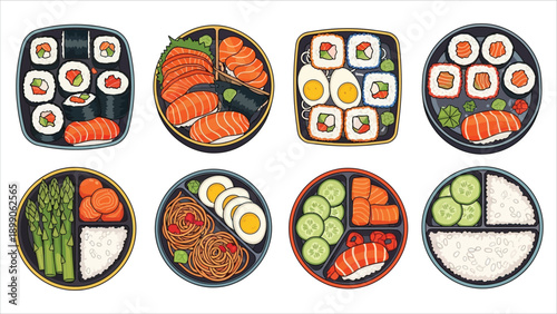 Colorful Bento Box Meal Illustrations Set Healthy Japanese Lunch Collection.