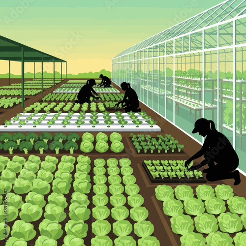 Workers Tending Plants in Greenhouse Nursery.