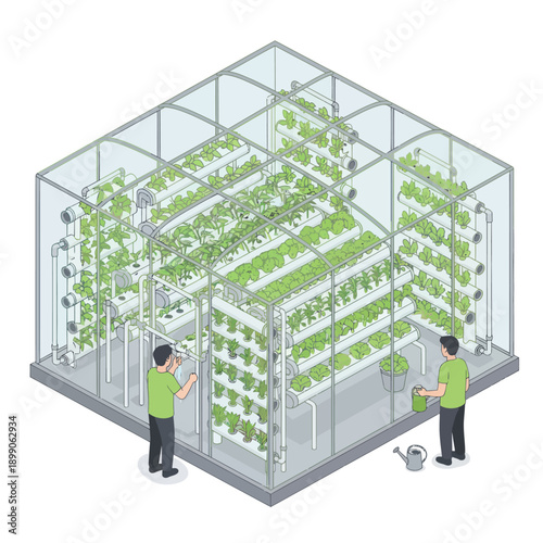 Vertical Farm Greenhouse with Workers Tending Plants.