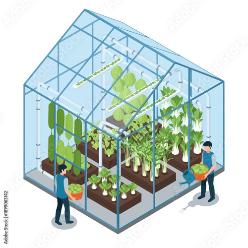 Greenhouse with People Tending to Plants.