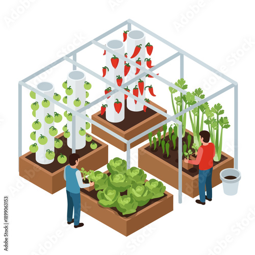 People Working in Hydroponic Greenhouse Farm.