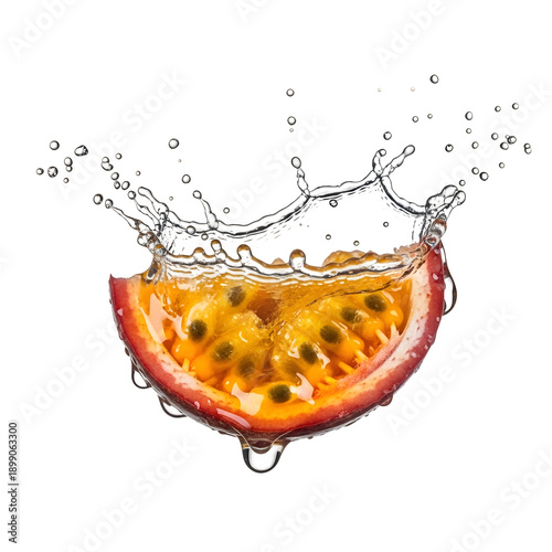 Passion fruit slice splash, isolated on white or transparent background, PNG Format.