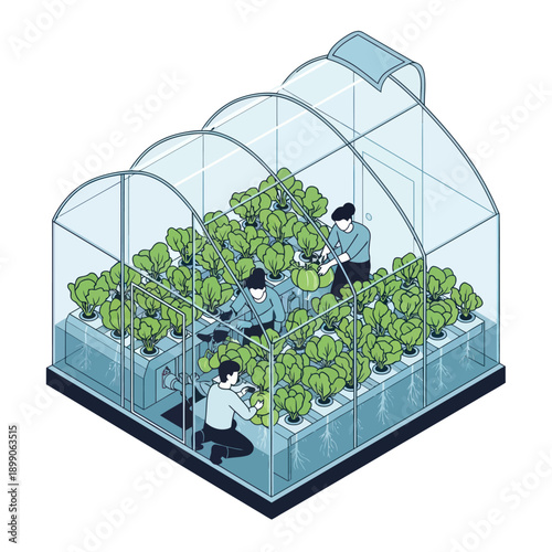 Greenhouse with Plants and Workers Inside.