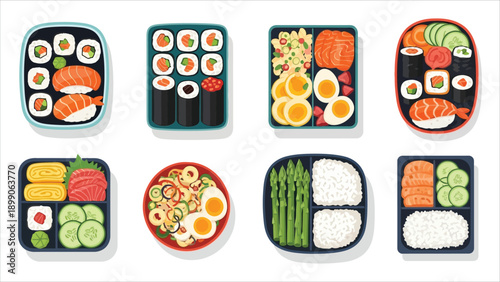 Colorful Bento Box Meal Illustrations Set Healthy Japanese Lunch Collection.