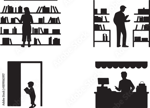 People Reading and Studying Silhouettes in Library Settings Isolated on white background